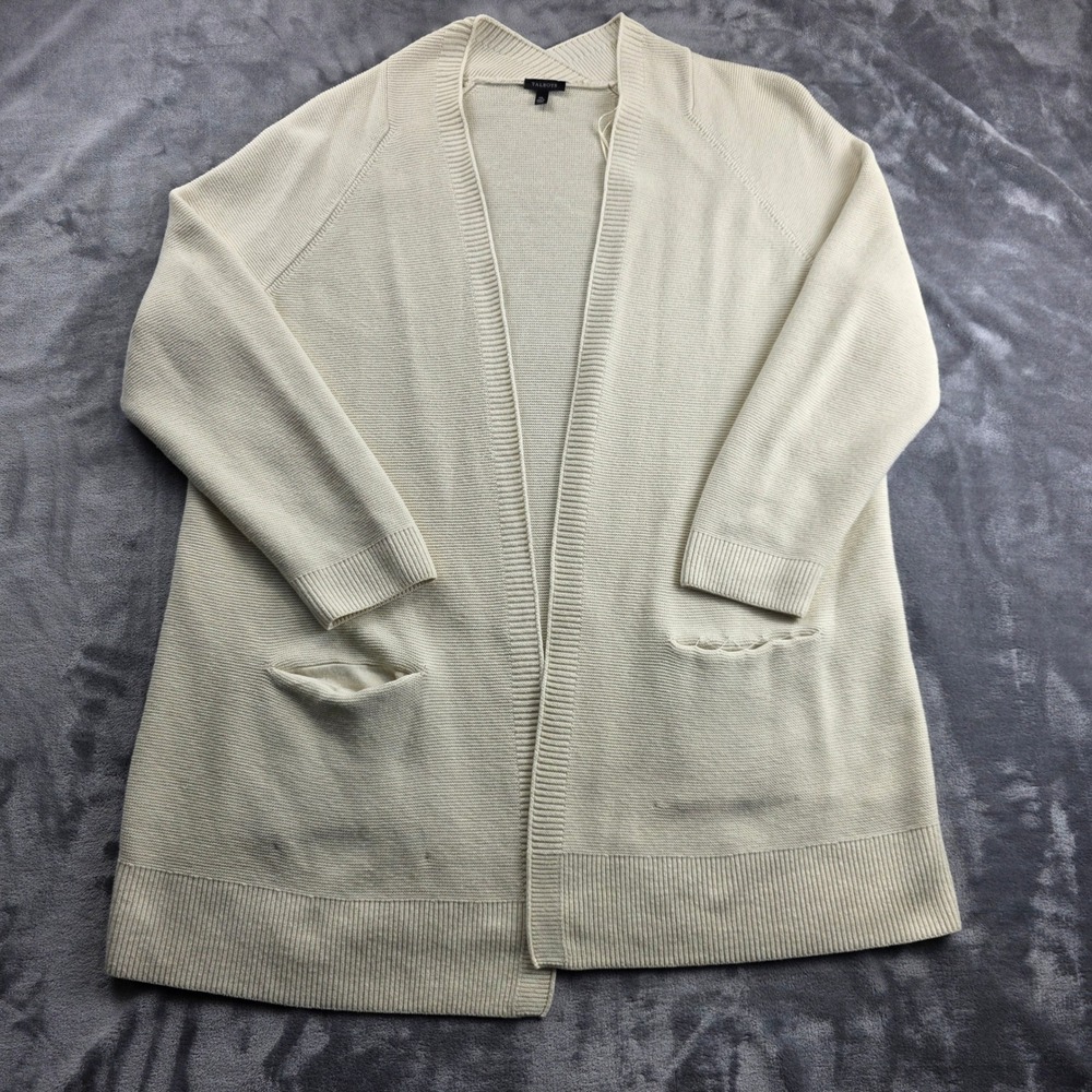 Talbots Cardigan Sweater XL Ivory Womens Open Front Cotton Wool Blend Pocket
